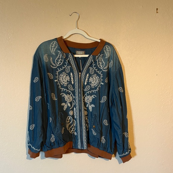 Johnny Was Jackets & Blazers - Johnny Was Blue Bomber Jacket with White Embroidery